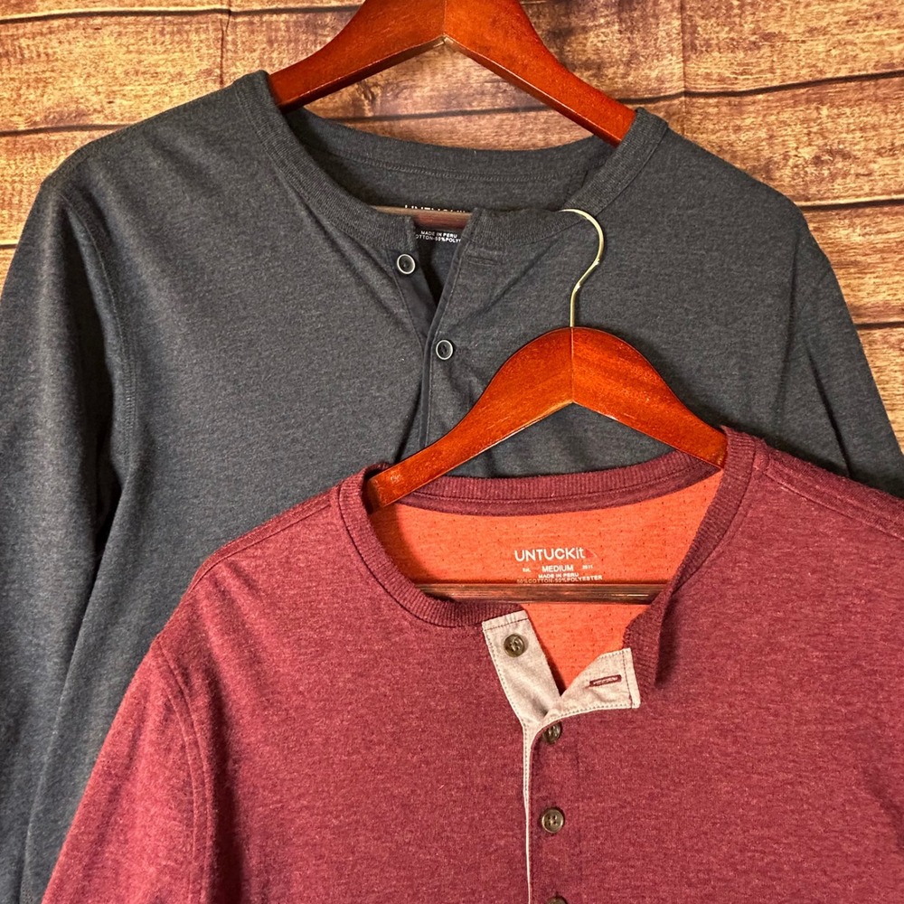 UNTUCKit Mens Long Sleeve Henley Shirt Bundle 2 Pack Blue-Gray Burgundy Medium